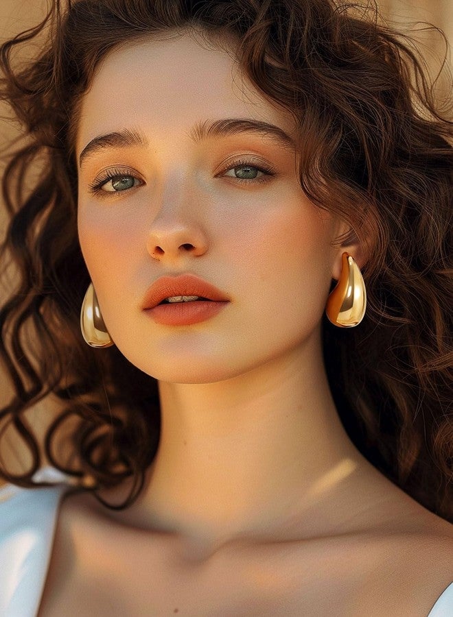 KeyStyle أقراط كي ستايل الذهبية على شكل دمعة للنساء، أقراط مضادة للحساسية على شكل دمعة، أقراط حلقية مطلية بالذهب عيار 14 قيراطًا على شكل دمعة، مجوهرات أقراط كبيرة على شكل قطرة ماء، 30 مم - Image 2